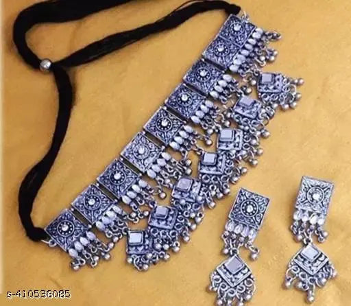 Tehzeeb Creations Women's Silver Colour Oxidised Necklace And Earrings Set - Swadesiicart