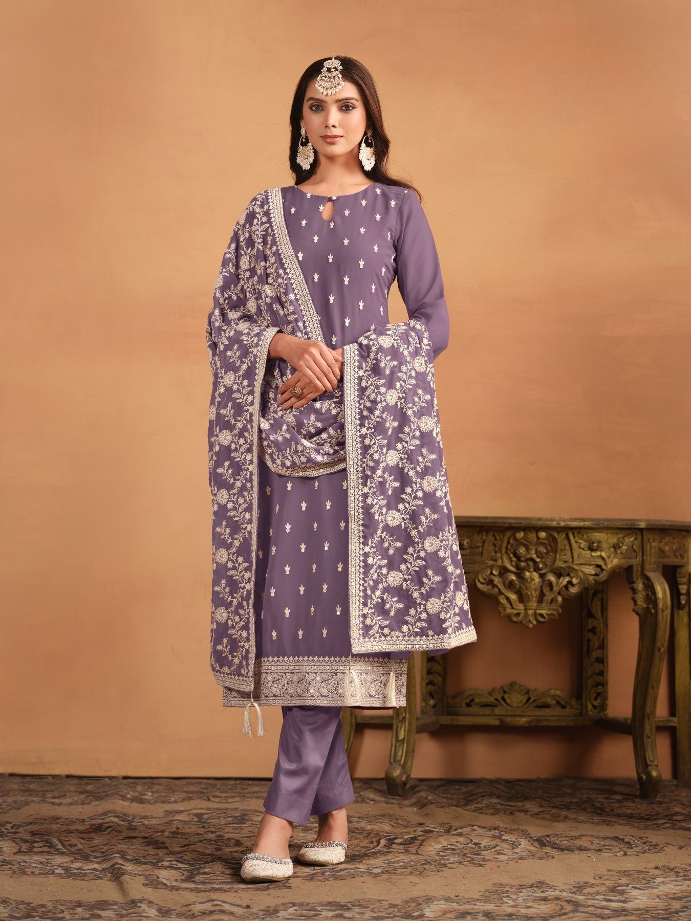 Anaita Lavender Embroidered Faux Georgette Salwar Suit