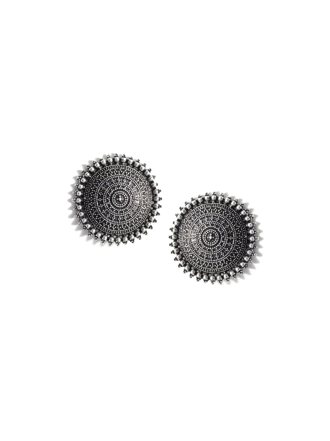 Silver-Plated Alloy Antique Silver Round Earrings With Ring - The Pari - Swadesiicart