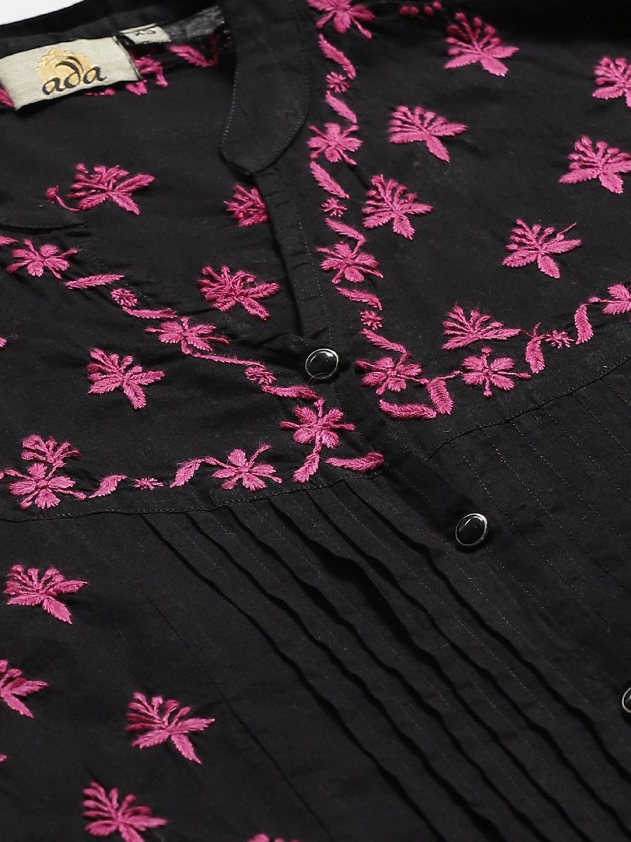 ADA Women Black & Pink Chikankari Hand Embroidered Sustainable Handloom Kurta with Trousers | Swadesiicart