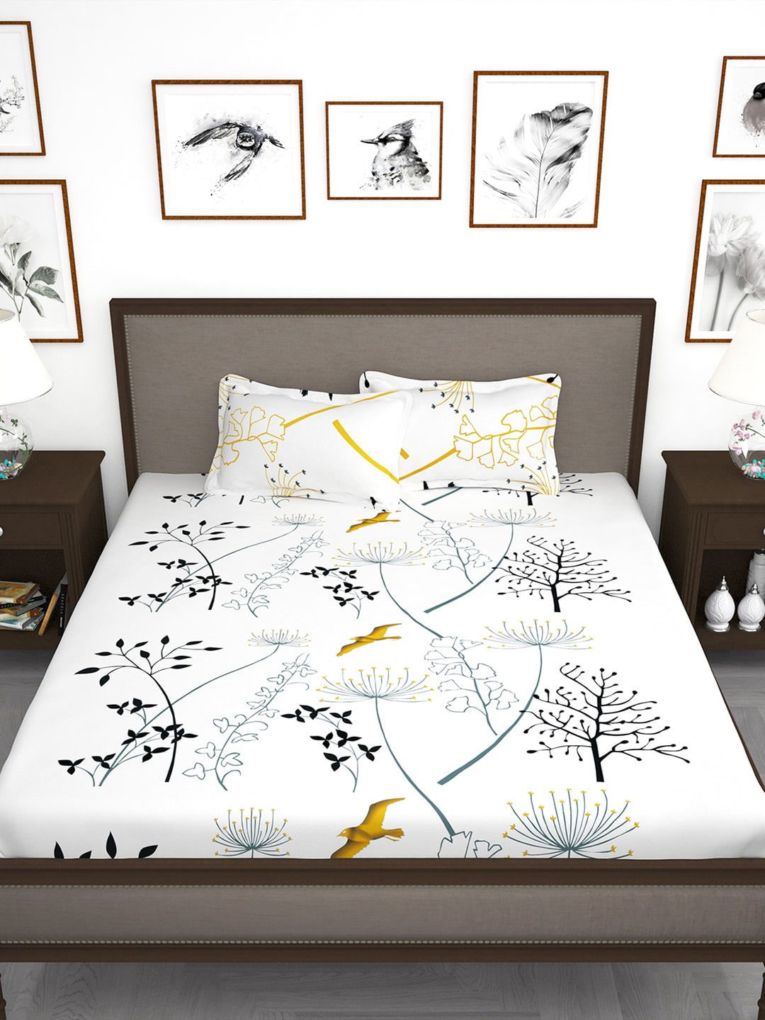 Story@home White & Blue Floral King Bedsheet with 2 Pillow Covers - Swadesiicart