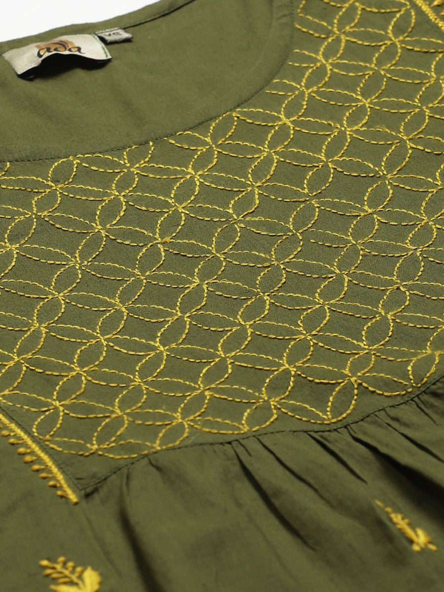 ADA Women Green & Yellow Chikankari Embroidered Sustainable Handloom Kurta with Trousers | Swadesiicart