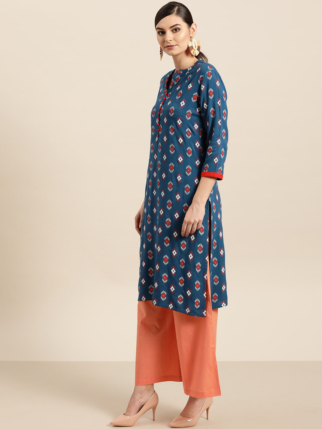 Sangria Women Teal Blue & Red Printed Straight Kurta - Swadesiicart