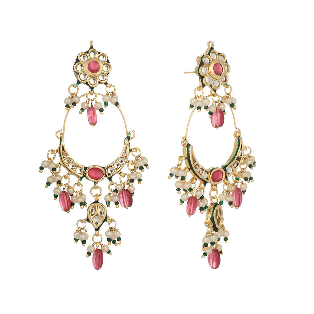 Nuyug 22K Gold Plated Crescent Kundan Drop Pink Stone Chandbali Earrings | Swadesiicart
