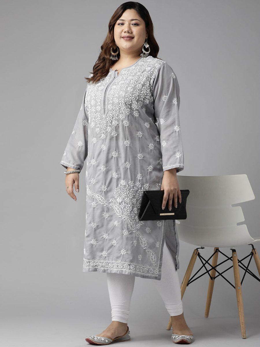 ADA Women Plus Size Grey Floral Embroidered Chikankari Kurta | Swadesiicart