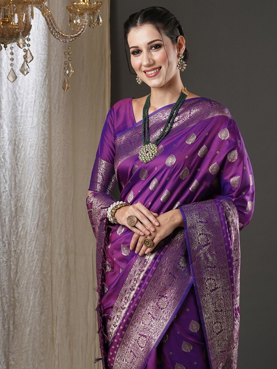 Anouk Purple & Gold-Toned Ethnic Motifs Woven Design Zari Banarasi Saree | Swadesiicart