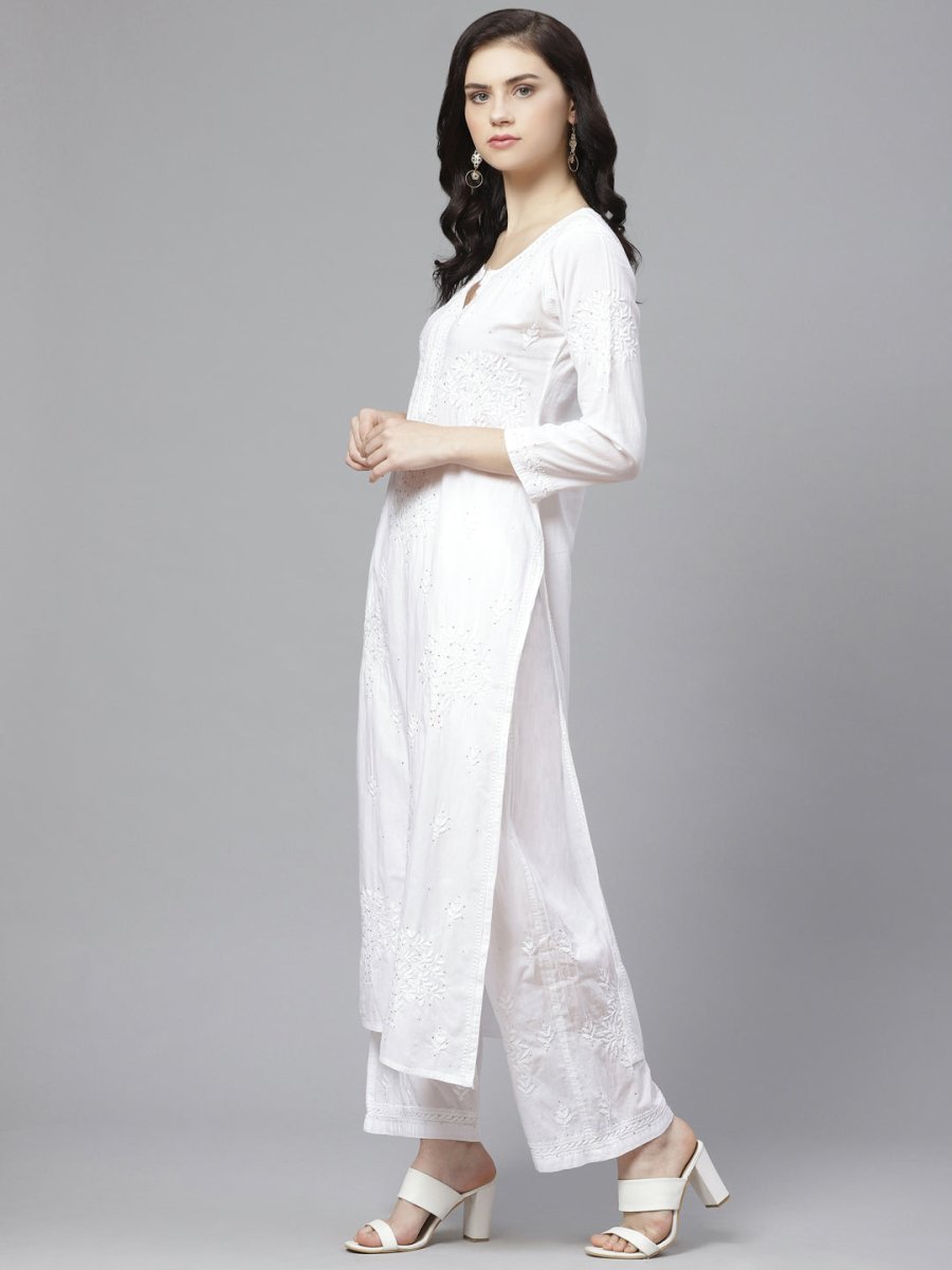 ADA Women White Chikankari Embroidered Sustainable Kurta with Palazzos | Swadesiicart