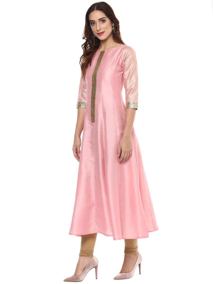 Ahalyaa Women's Pink Poly Silk Kurta | Swadesiicart