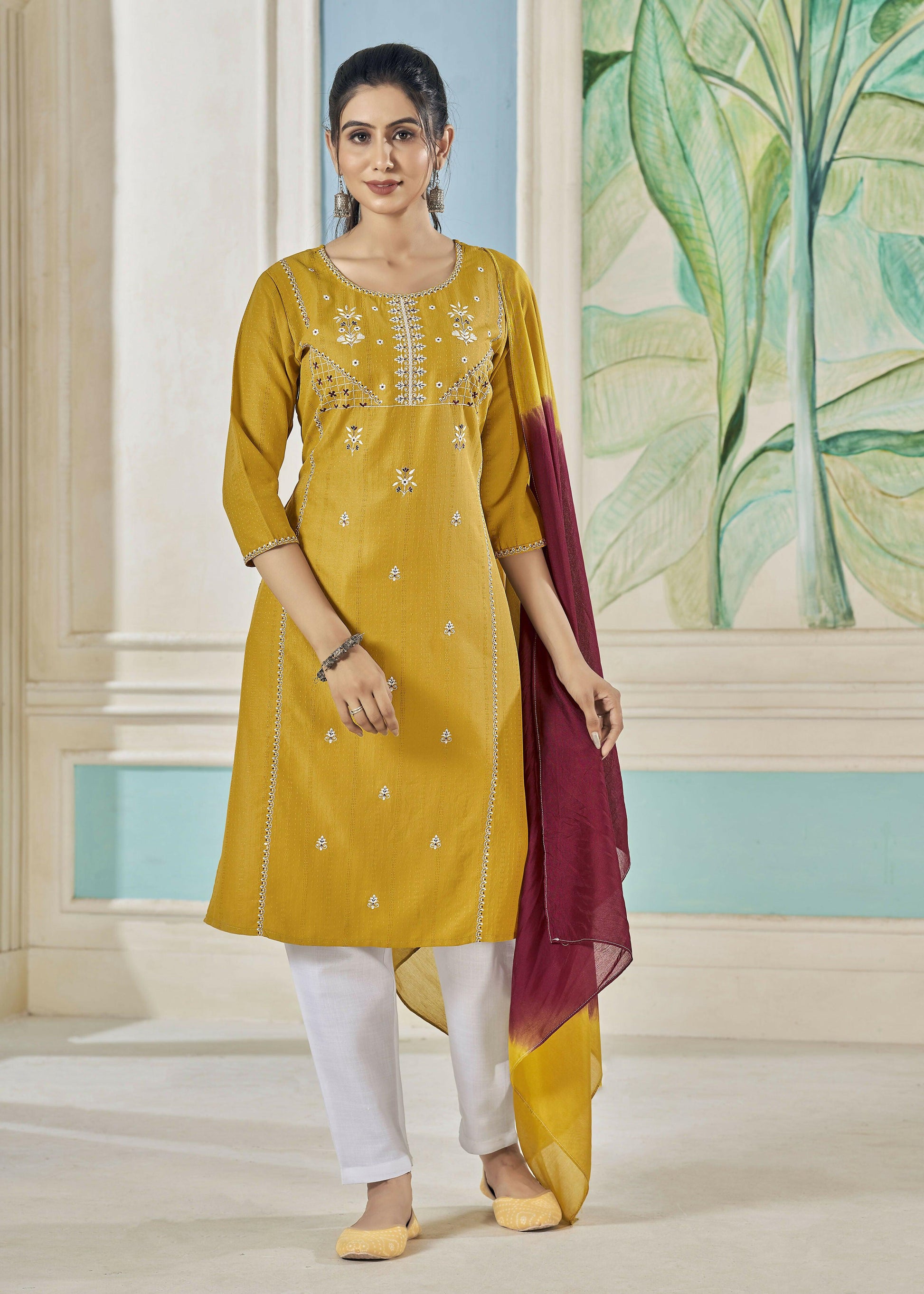 Jyoti Fashion Women's Mustard Pure Viscose Weaving Stripe with Embroidery Kurta Set | Swadesiicart