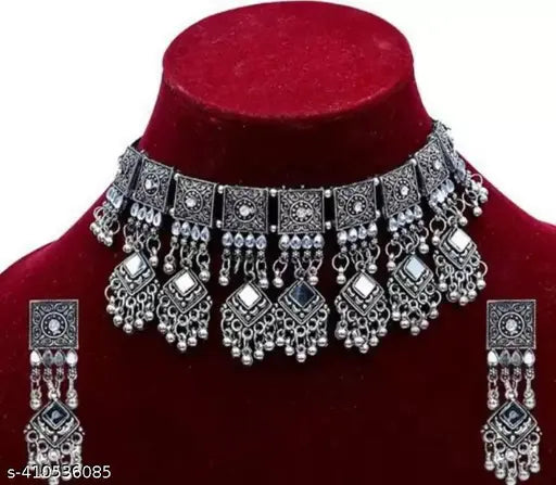Tehzeeb Creations Women's Silver Colour Oxidised Necklace And Earrings Set - Swadesiicart