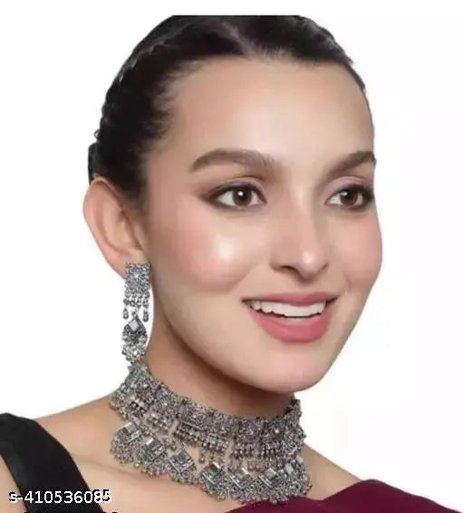 Tehzeeb Creations Women's Silver Colour Oxidised Necklace And Earrings Set - Swadesiicart