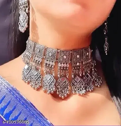 Tehzeeb Creations Women's Silver Colour Oxidised Necklace And Earrings Set - Swadesiicart