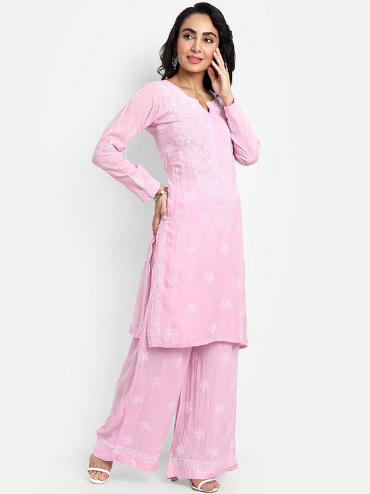 ADA Floral Embroidered Round Neck Long Sleeve Regular Chikankari Kurta With Palazzos | Swadesiicart