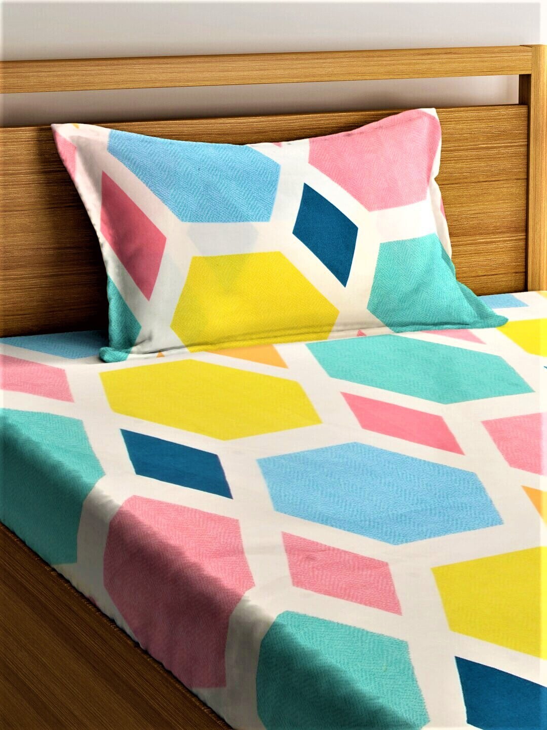Home Sizzler Blue & Yellow Geometric 210 TC Single Bedsheet with 1 Pillow Covers - Swadesiicart