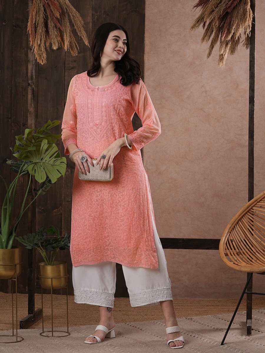 ADA Women Peach-Coloured Chikankari Hand Embroidered Straight Kota Handloom Kurta With Matching Slip | Swadesiicart