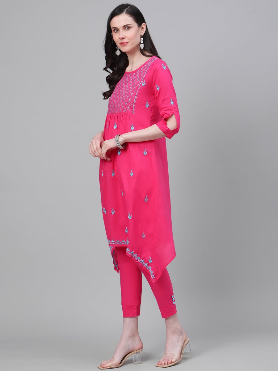 ADA Women Pink & Blue Chikankari Embroidered Cotton Handloom Kurta with Trousers | Swadesiicart