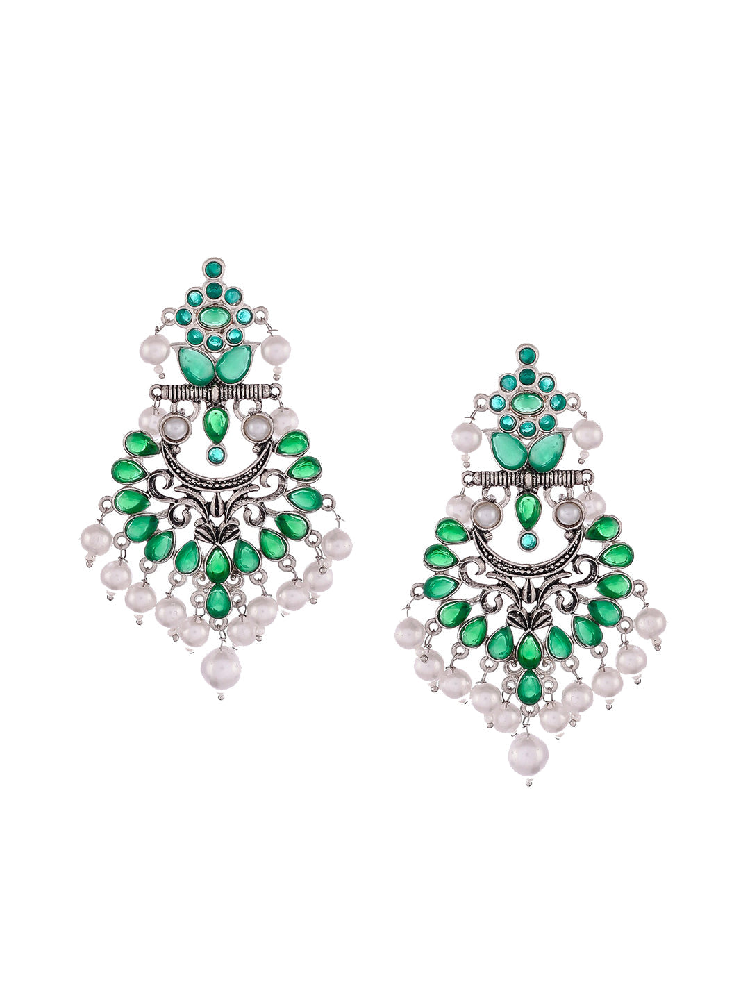 Shoshaa Silver-Plated Green Handcrafted Drop Earrings With Pearl | Swadesiicart