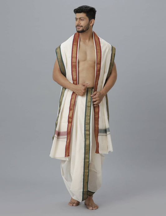 Indian Clothing Ramraj Cotton Mens Pure Cotton 5 Khan Jari 9 + 5 Kora Panchakacham Dhoti With Angavastram Set | Swadesiicart