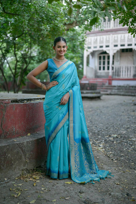 Vishnu Weaves Women's Firozi Soft Silk Zari Woven Saree with Blouse - Swadesiicart