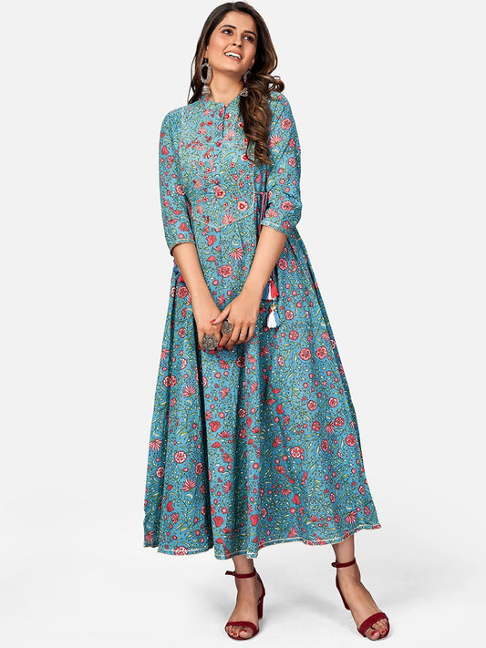 NOZ2TOZ Women's Printed & Embroidered Anarkali Cotton Turquoise Kurta (1Pc) - Noz2Toz