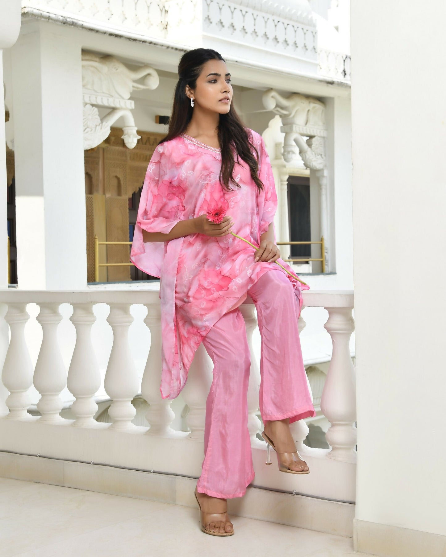 Vaasva Women's Pink Georgette Marble Print Kaftan Pant Set | Swadesiicart