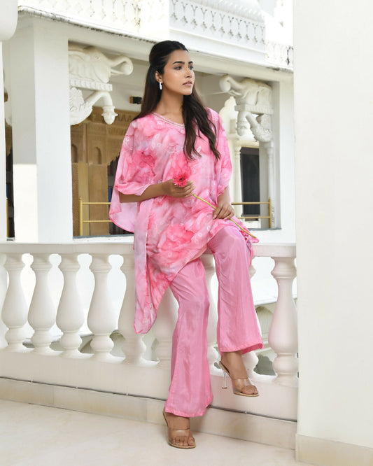 Vaasva Women's Pink Georgette Marble Print Kaftan Pant Set | Swadesiicart