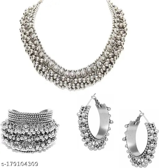 Tehzeeb Creations Women's Silver Colour Ghungroo Design Bracelet Necklace And Earrings - Swadesiicart