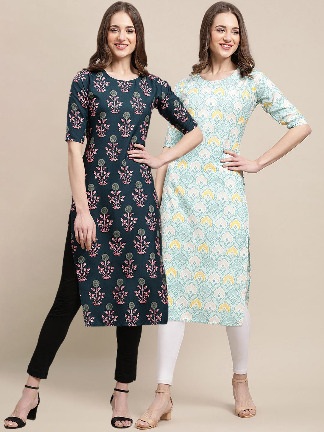 Kalini Women Teal & Blue Ethnic Motifs Printed Crepe Pack of 2 Kurtas | Swadesiicart