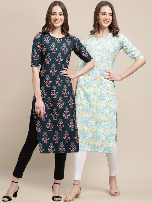 Kalini Women Teal & Blue Ethnic Motifs Printed Crepe Pack of 2 Kurtas | Swadesiicart