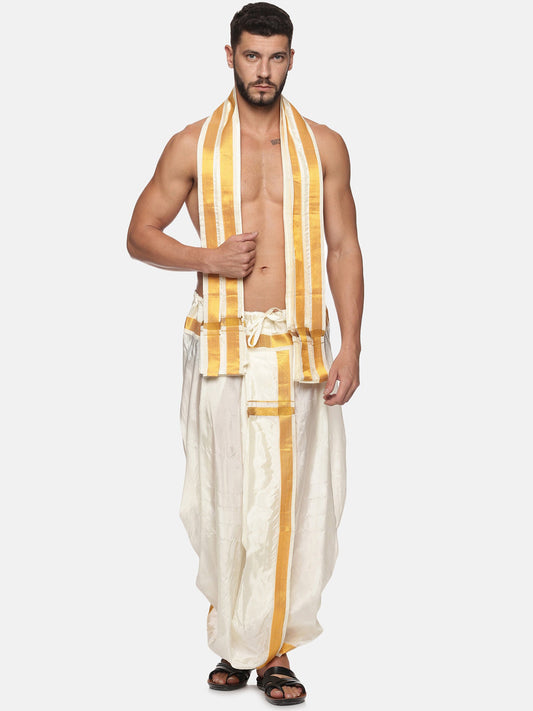 Sethukrishna Men Cream and Gold-Toned Solid Dhoti With Angavastram | Swadesiicart
