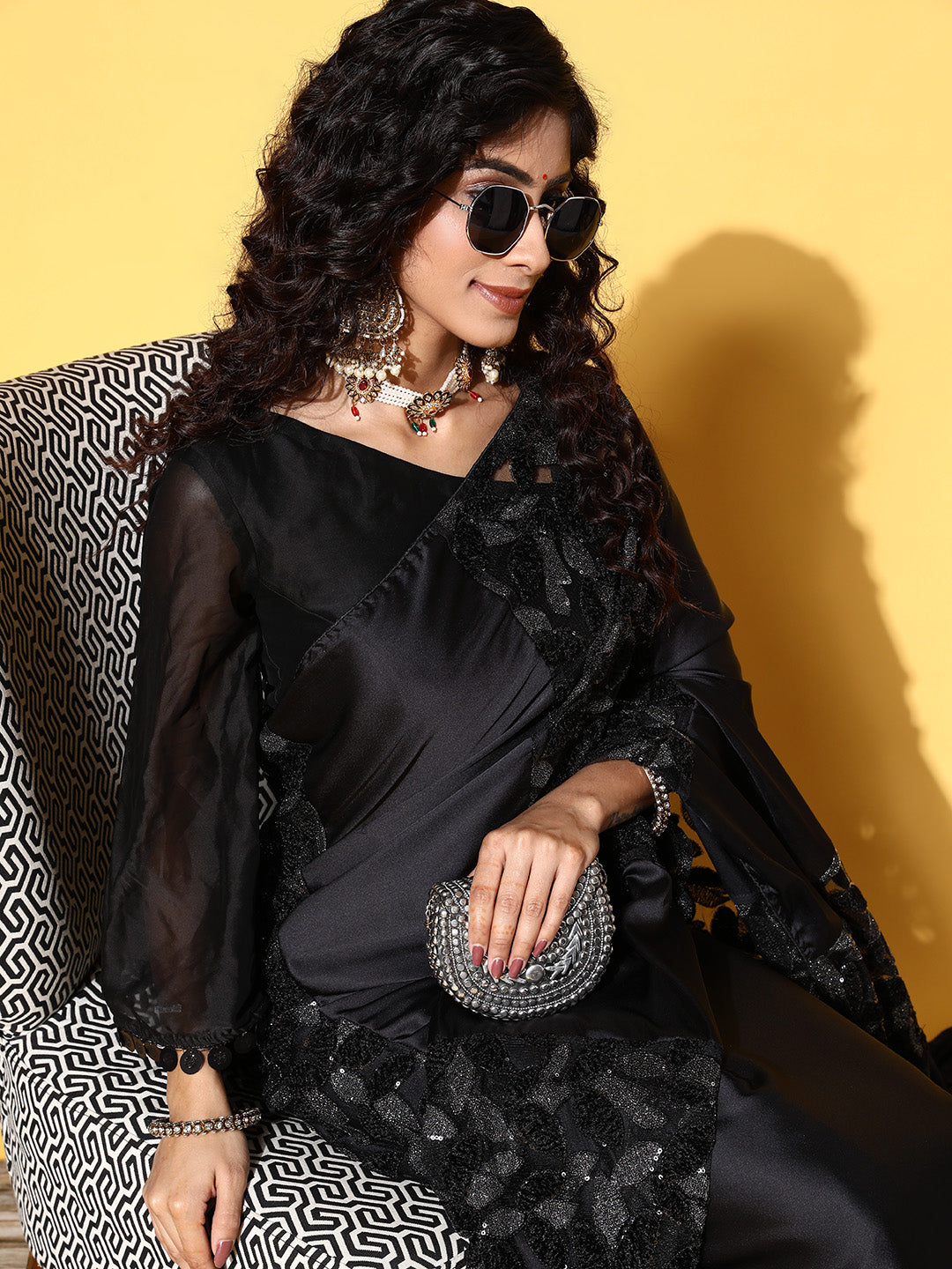 Tikhi Imli Black Floral Sequinned Satin Saree | Swadesiicart
