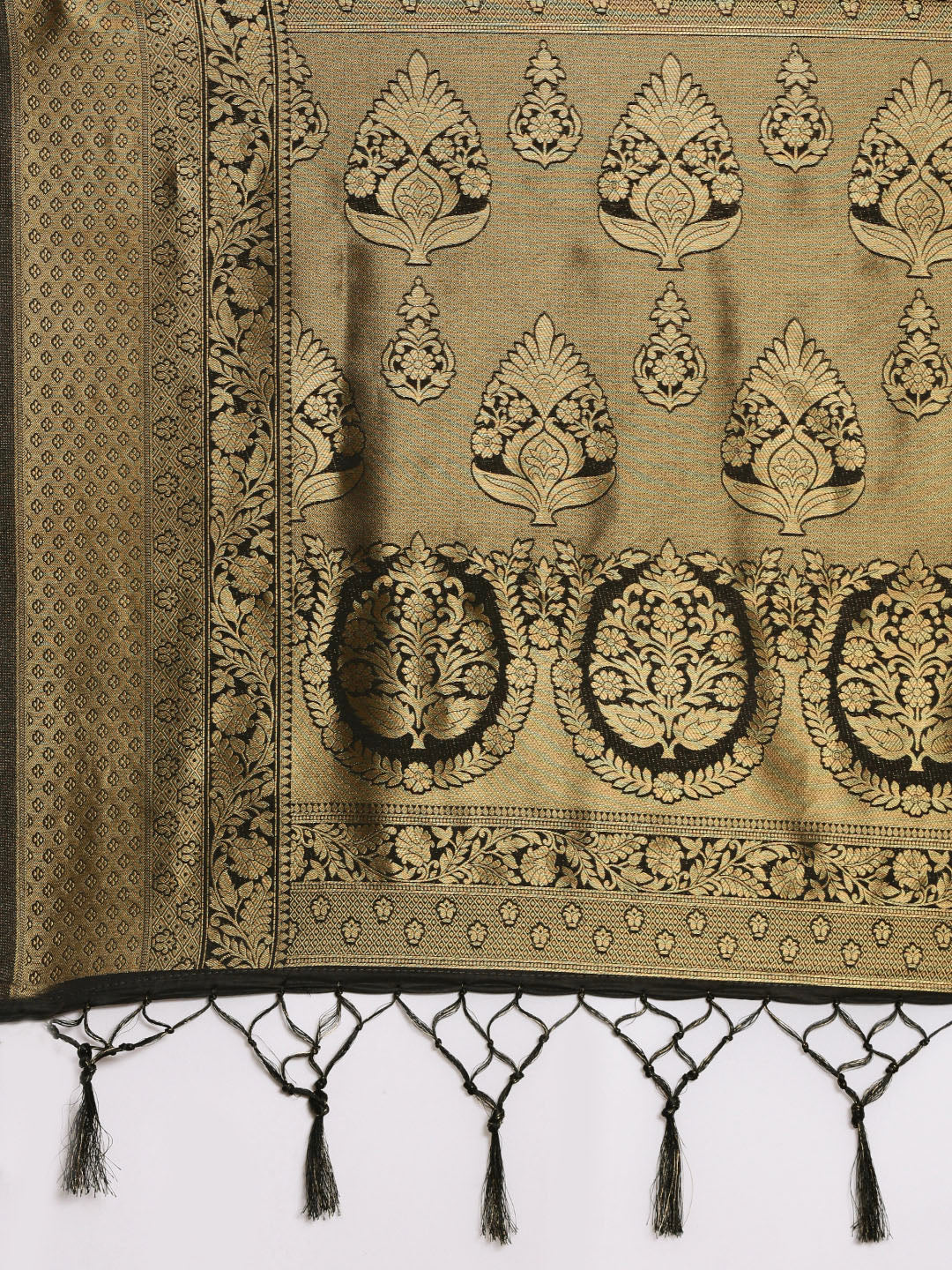 Saree Mall Black & Gold-Toned Ethnic Motifs Zari Silk Blend Banarasi Saree | Swadesiicart