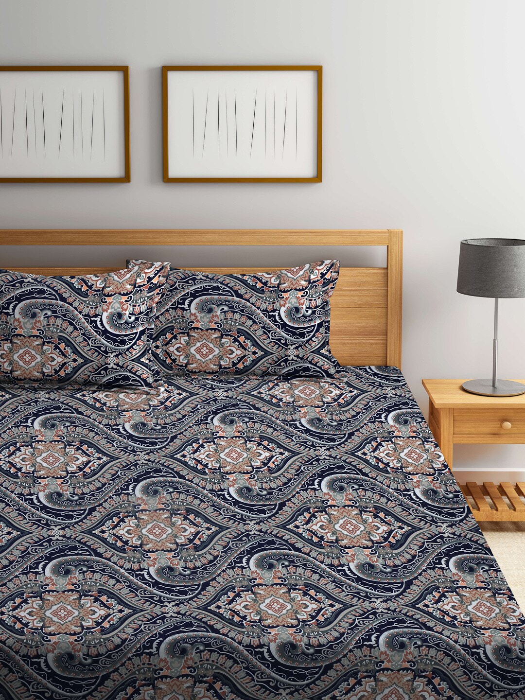KLOTTHE Blue & Brown Ethnic Motif Printed 300 TC Fitted King Bedsheet With 2 Pillow Covers - Swadesiicart