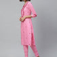 ADA Women Pink & Red Chikankari Embroidered Sustainable Handloom Kurta with Trousers | Swadesiicart