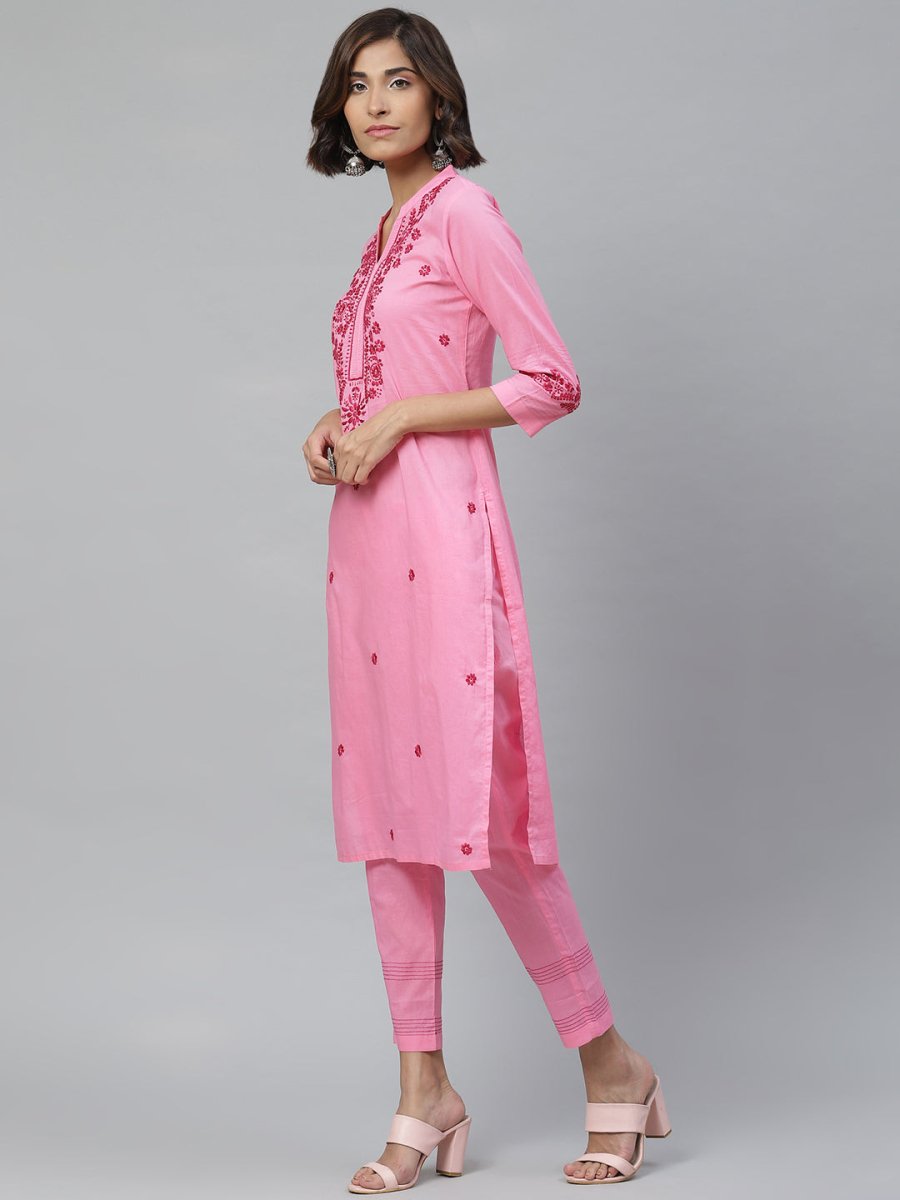ADA Women Pink & Red Chikankari Embroidered Sustainable Handloom Kurta with Trousers | Swadesiicart