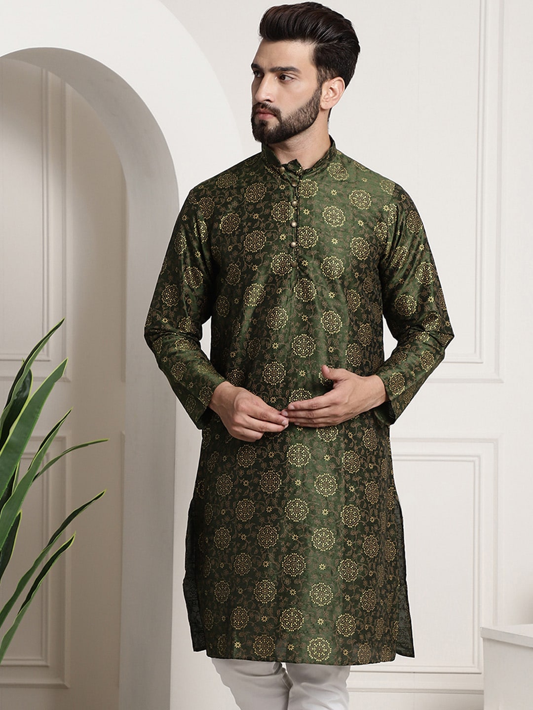 Sojanya Men Green & Brown Ethnic Motifs Printed Kurta | Swadesiicart