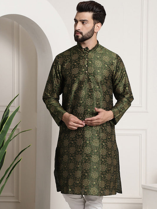 Sojanya Men Green & Brown Ethnic Motifs Printed Kurta | Swadesiicart