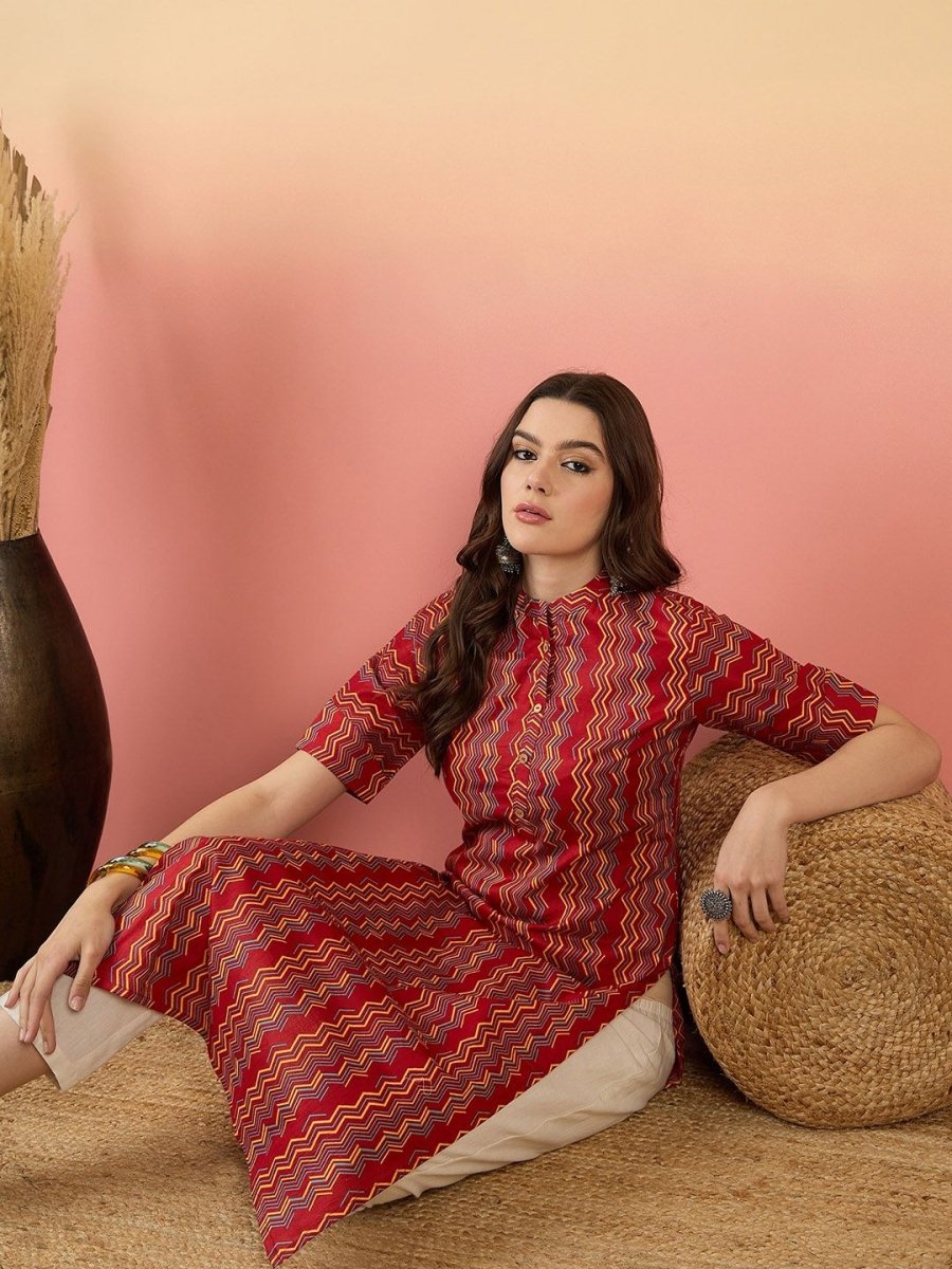 Anouk Red Chevron Printed Mandarin Collar Short Sleeves Cotton Kurta - Swadesiicart