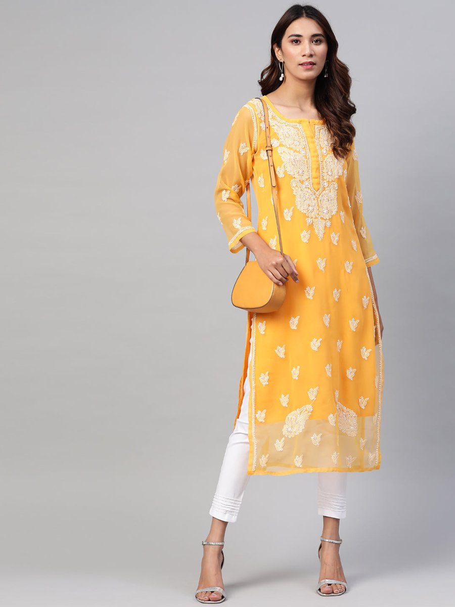 ADA Women Mustard & White Chikankari Embroidered Sustainable Kurta with Trousers & Inner | Swadesiicart