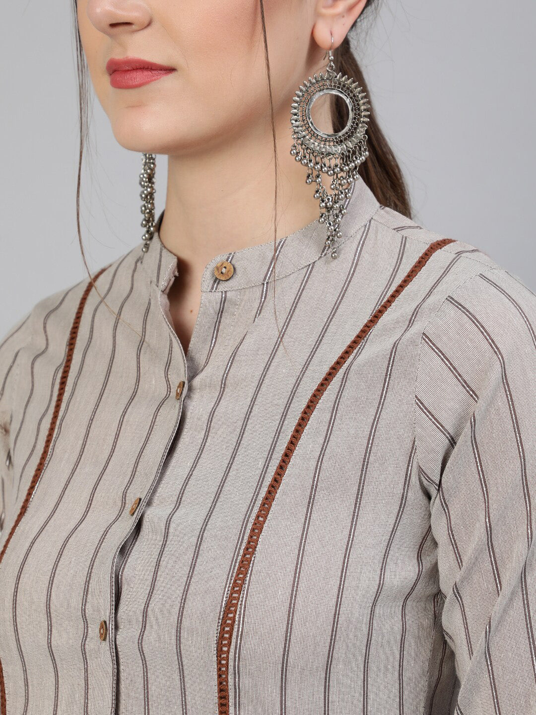 Jaipur Kurti Women Grey Striped Co-Ords - Swadesiicart