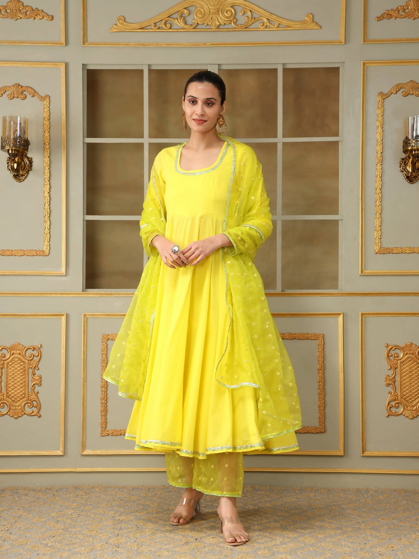 Pomcha Jaipur Yellow Saadgi Yellow Mirror Work Anarkali Set | Swadesiicart