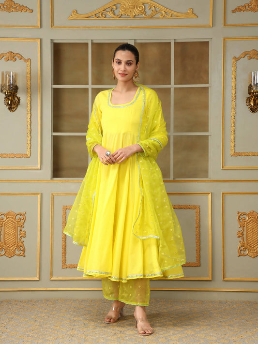 Pomcha Jaipur Yellow Saadgi Yellow Mirror Work Anarkali Set | Swadesiicart