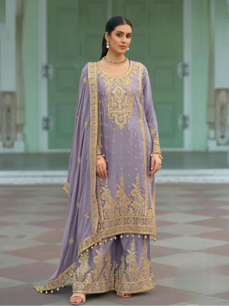 Anaita Lavender Heavy Chinon Readymade Palazzo Suit with Heavy Embroidery Work