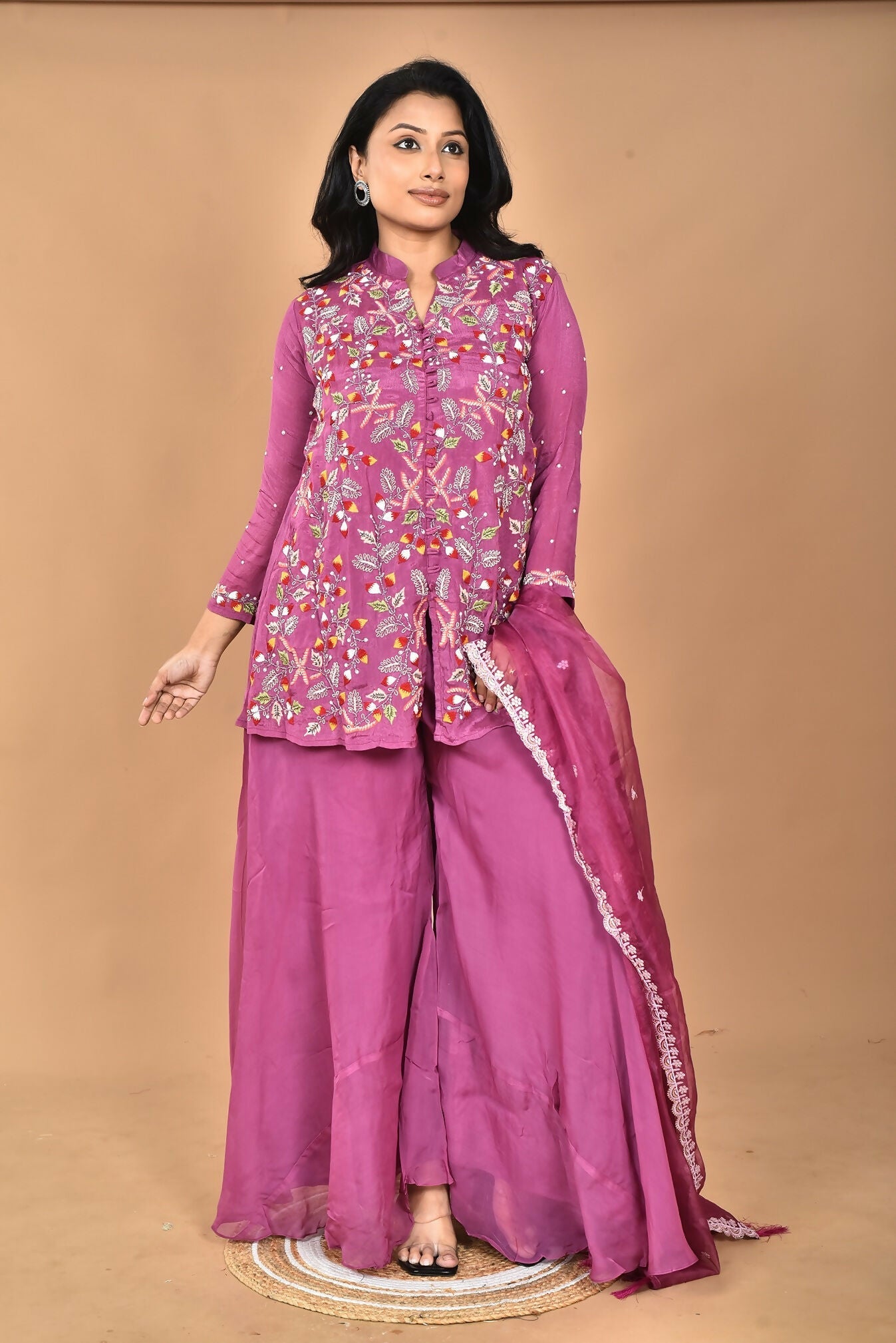 Morchari Women And Hand Embroidery Palazzo Set-Purple - Swadesiicart
