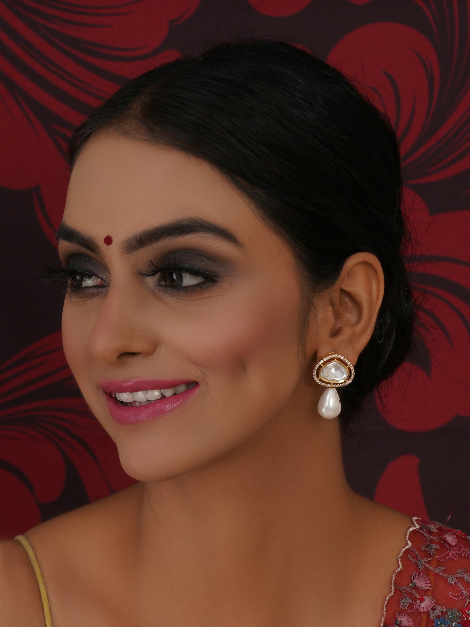 Kundan Studs with Pearl Drop (Gold) - Ruby Raang - Ruby Raang Studio