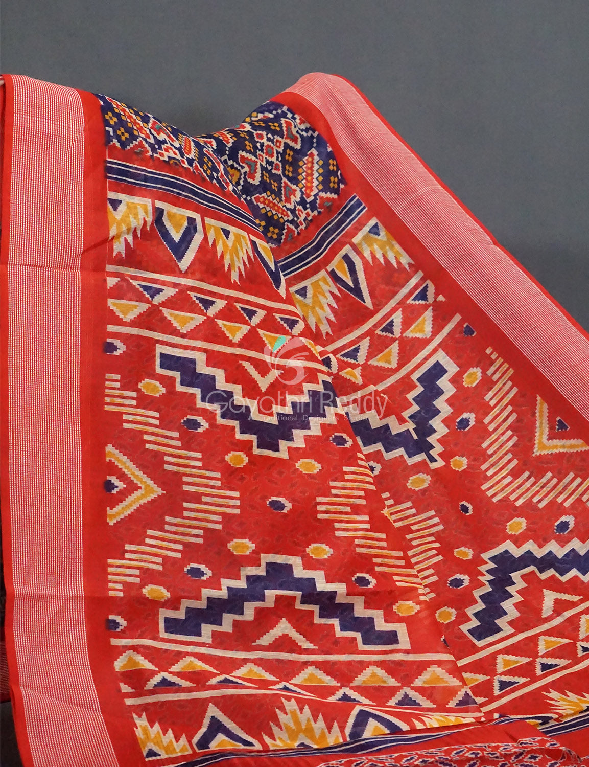 Shades Of Navy Blue And Red Patola Print Semi Chanderi Saree By Gayathri Reddy Designer Studio | Swadesiicart