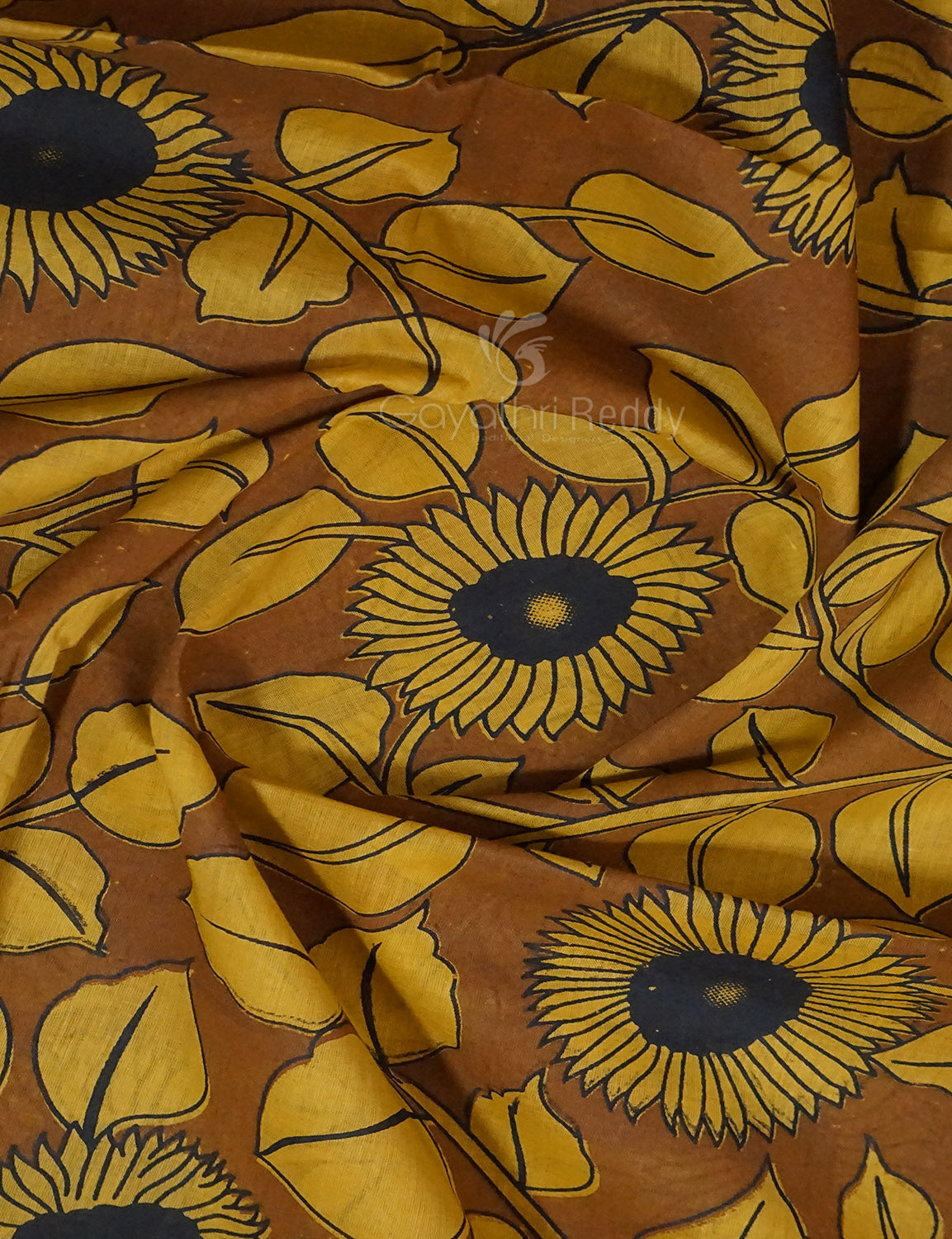 Shades of Khaki And Mustard Colour Kalamkari Pure Mulmul Cotton Saree By Gayathri Reddy Designer Studio | Swadesiicart