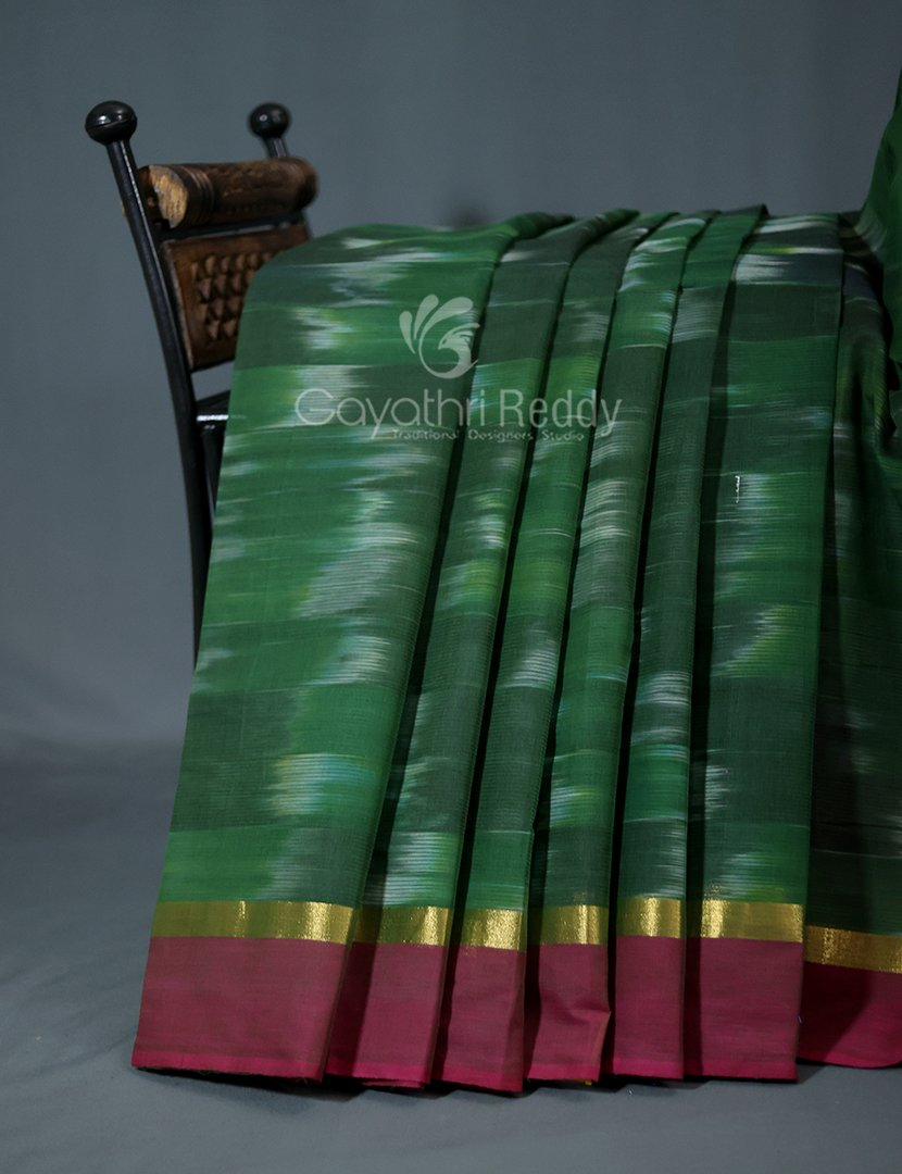 Dual Shades of Mango Green And Maroon Mangalagiri Ikkat Cotton Saree By Gayathri Reddy Designer Studio | Swadesiicart
