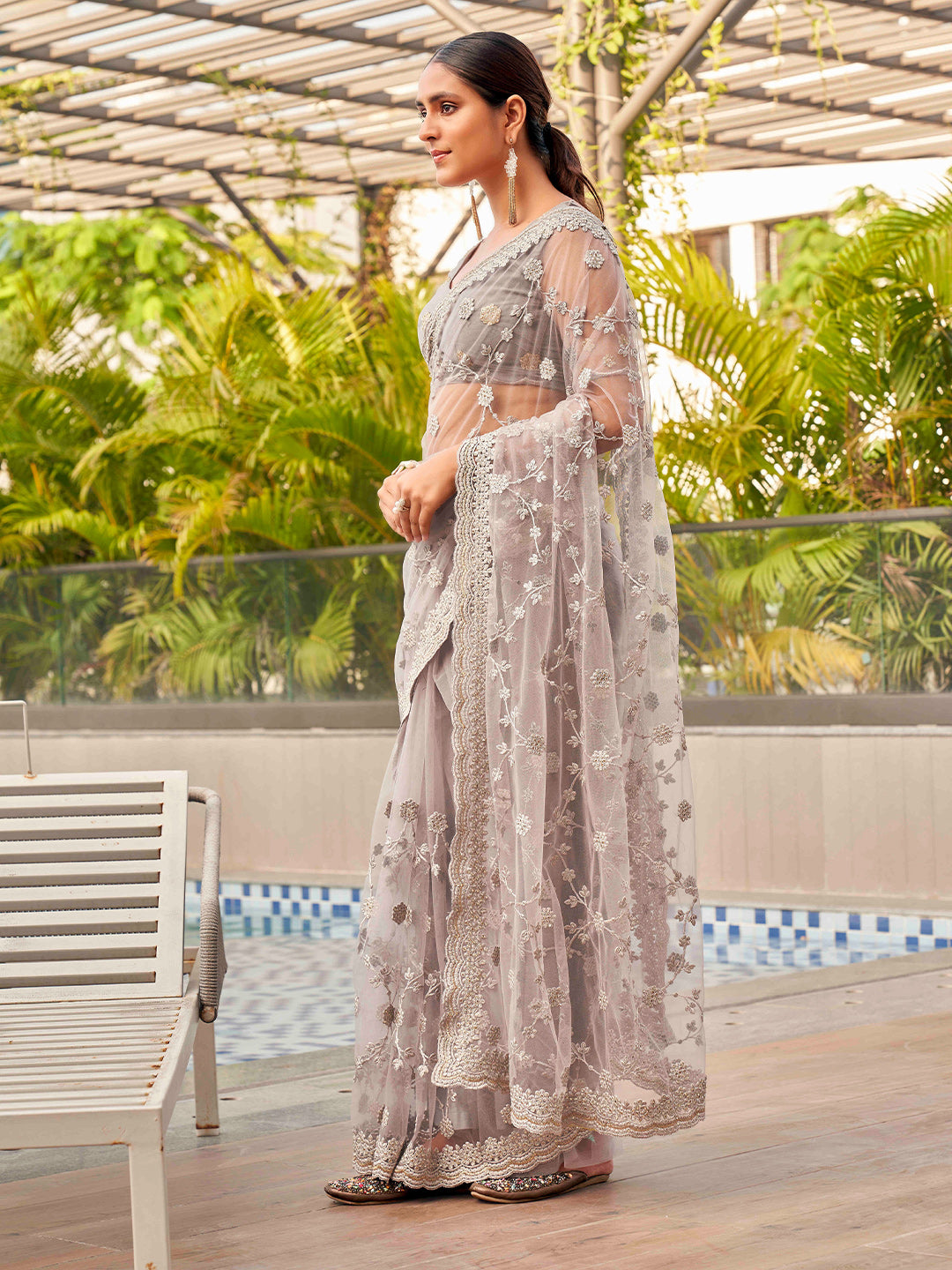 Tikhi Imli Embroidered Net Heavy Work Saree | Swadesiicart