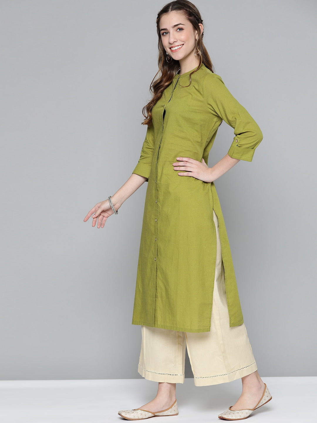HERE&NOW Women Olive Green Solid Pure Cotton Kurta - Swadesiicart